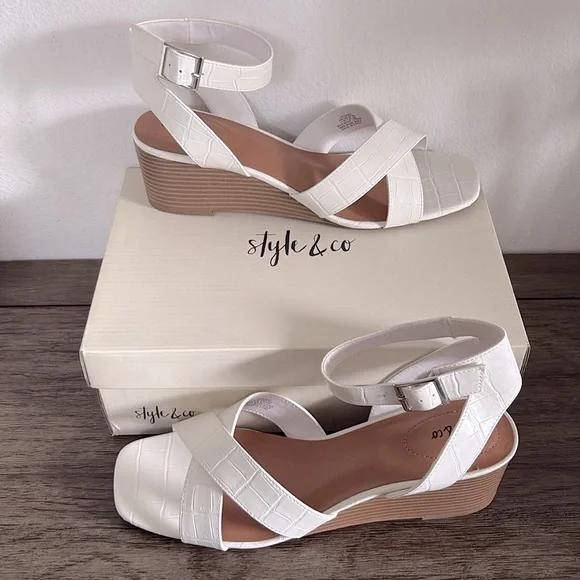 NIB [Style & Co.] Leeza Faux Leather Open Toe Mid Wedge in White Croc Women’s 11 - Picture 4 of 14